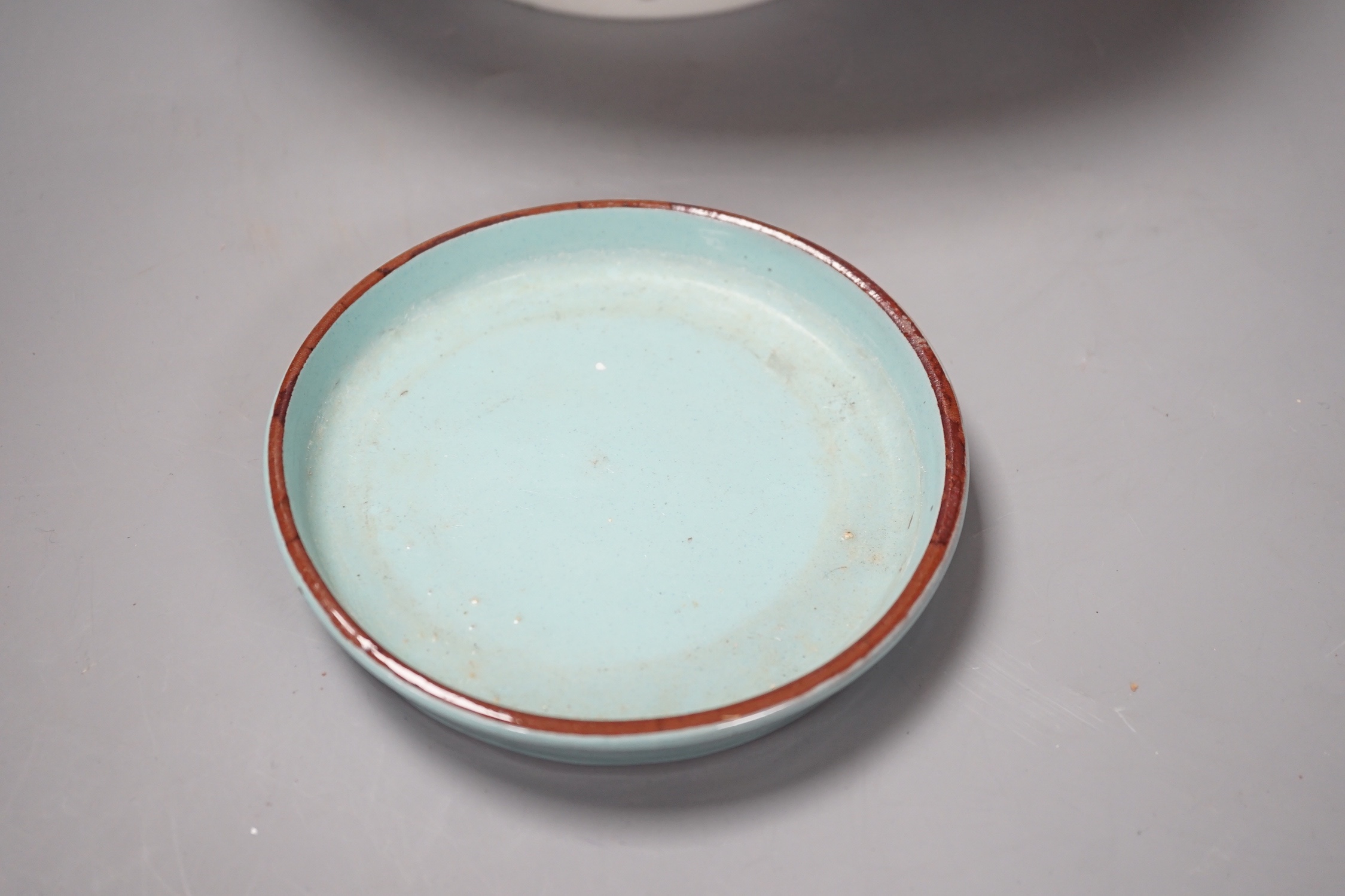 A Jun type dish, 13.5cm and an 18th century Chinese famille rose punch bowl, 29cm